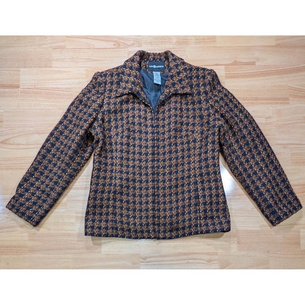 Sag Harbor Womens Brown Navy Tweed Zip Up Jacket F43097JC Size 6 Houndstooth